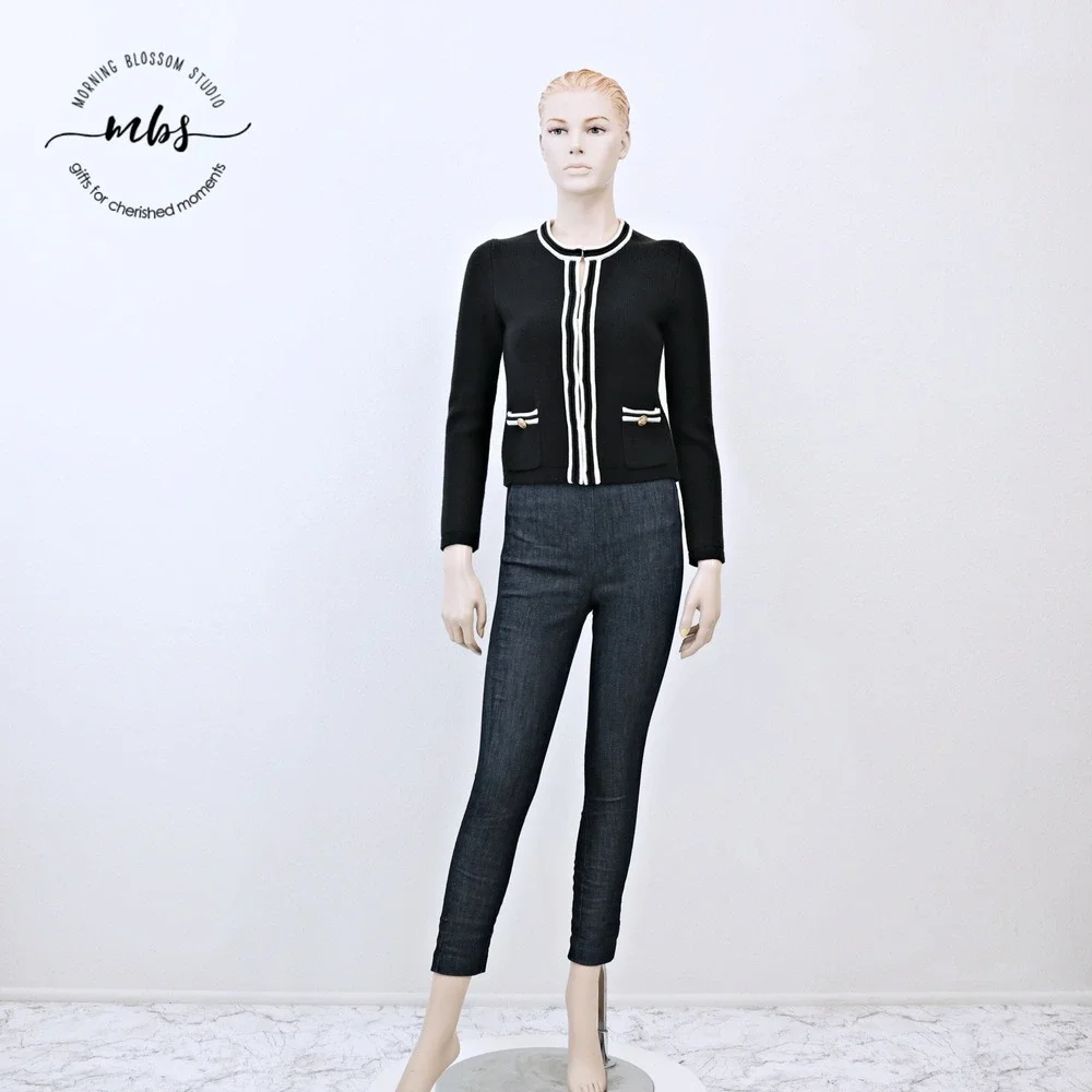 J. Crew Emilie Contrast Trim‎ Gold Button Sweater Jacket Black White Women XXS
